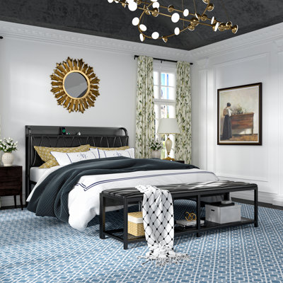 Bed Frame With End Of Bed Ottoman Bench And Charging Station Leather Headboard, Metal Slat Support No Box Spring Needed by 17 Stories