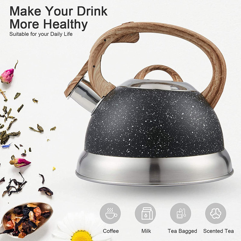 2.3 Quart Black Stainless Steel Whistling Tea Kettle with Wood Handle