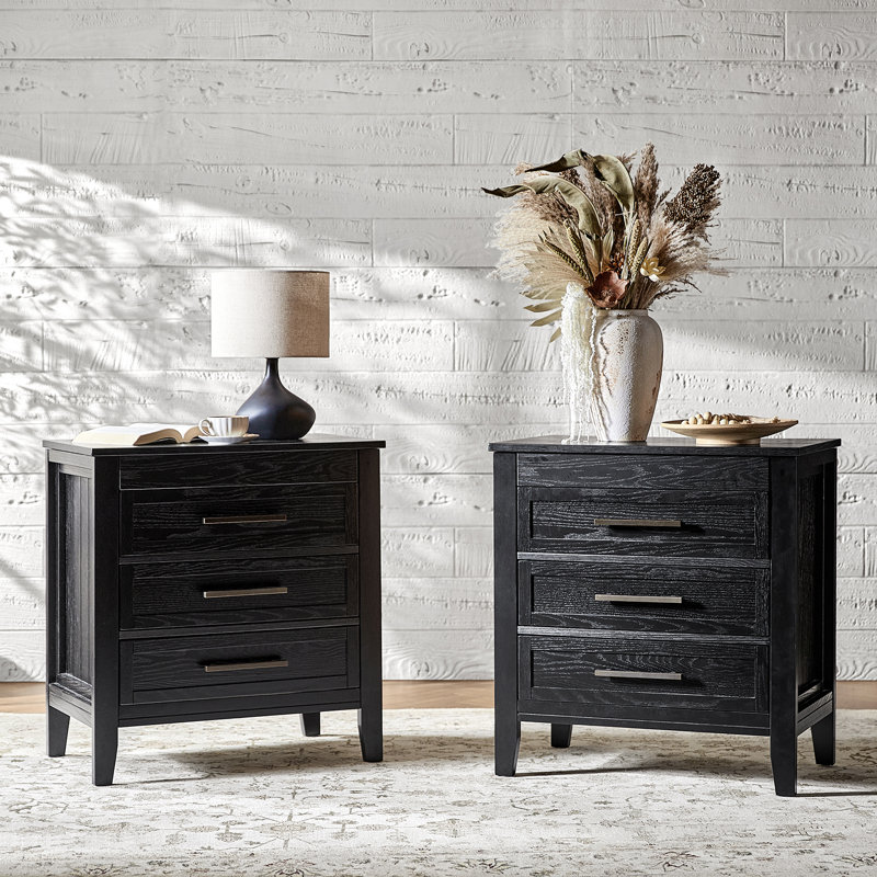  Giordana 28"W Transitional 3-Drawer Nightstand with Hidden Pull-out Drawer and Charging Station, Black