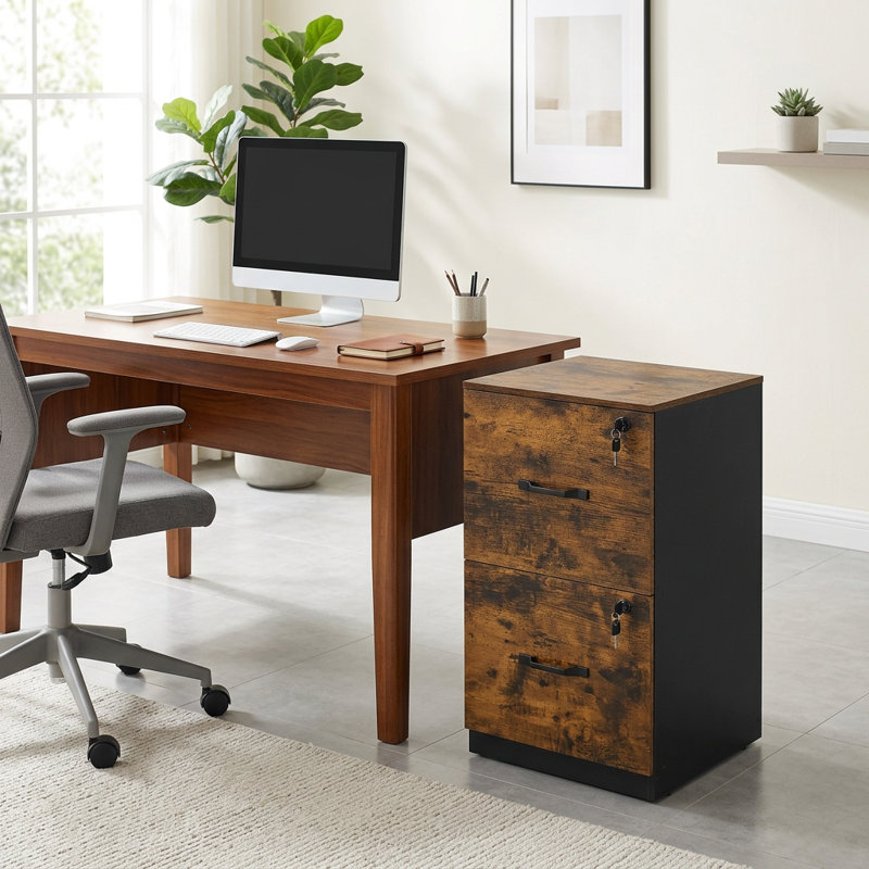 16.1'' Wide 2 Drawers File Cabinet with Lock, Brown