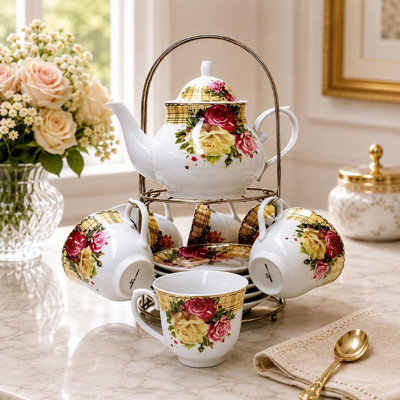 Service à thé en porcelaine rose avec théière, 6 tasses à thé et présentoir en métal Vintage