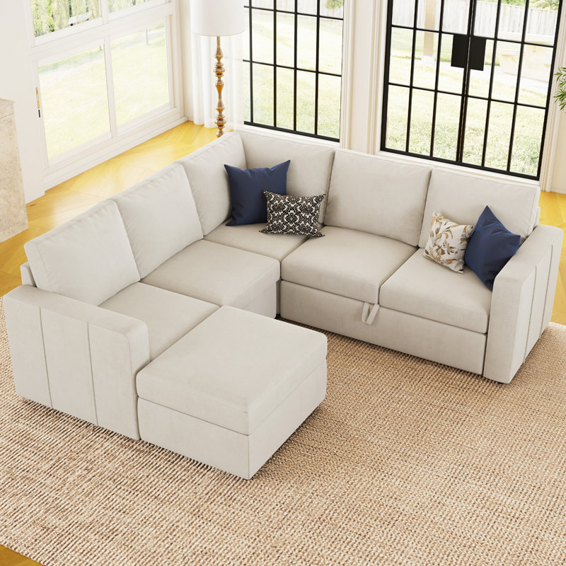 Rafael Velvet Chenille U-Shaped Modular Sleeper Sectional with Storage Ottoman , Beige Velvet