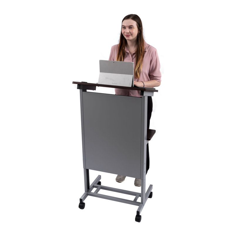 Adjustable Height Silver Frame Rolling Lectern with Walnut Shelves