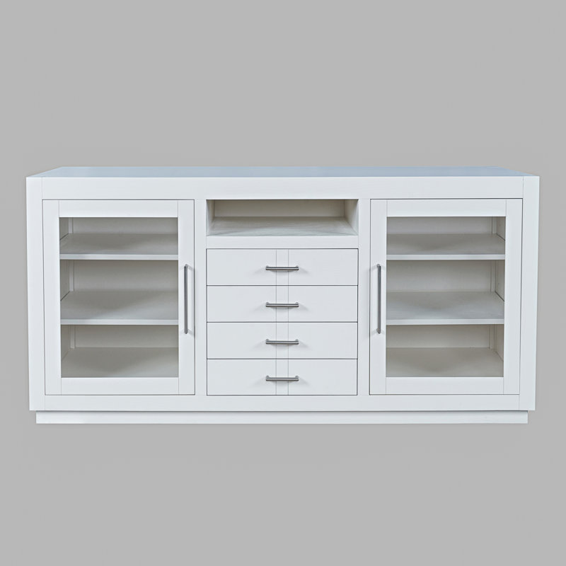 Console média contemporaine 60 po avec portes en verre trempé, tiroirs et tablettes réglables Kavia - chêne clair, Blanc