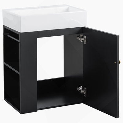 Meuble-lavabo moderne avec lavabo en céramique, porte à motif de losanges, poignée dorée, tablettes de rangement latérales et barre à serviettes pour les petits espaces