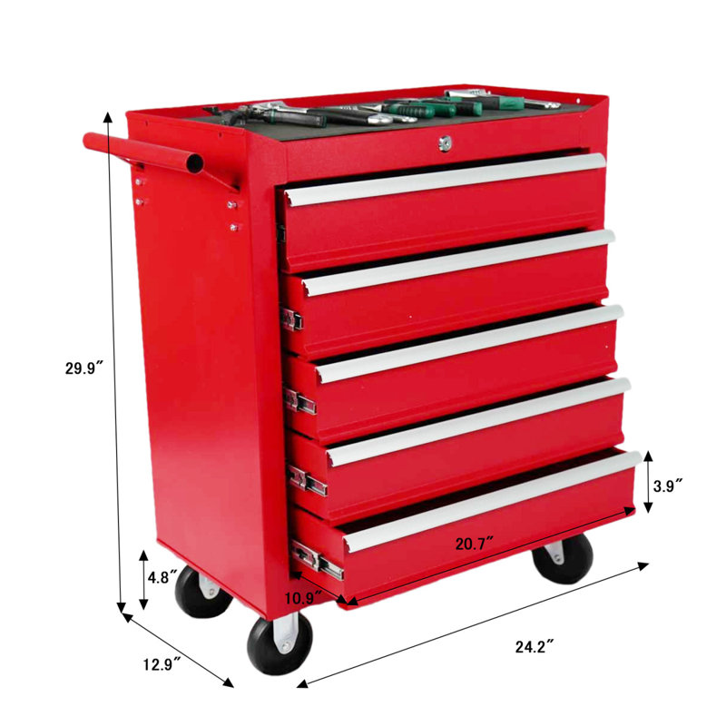 Coffre à outils à 5 tiroirs avec roulettes, armoire de rangement pour outils avec système de verrouillage