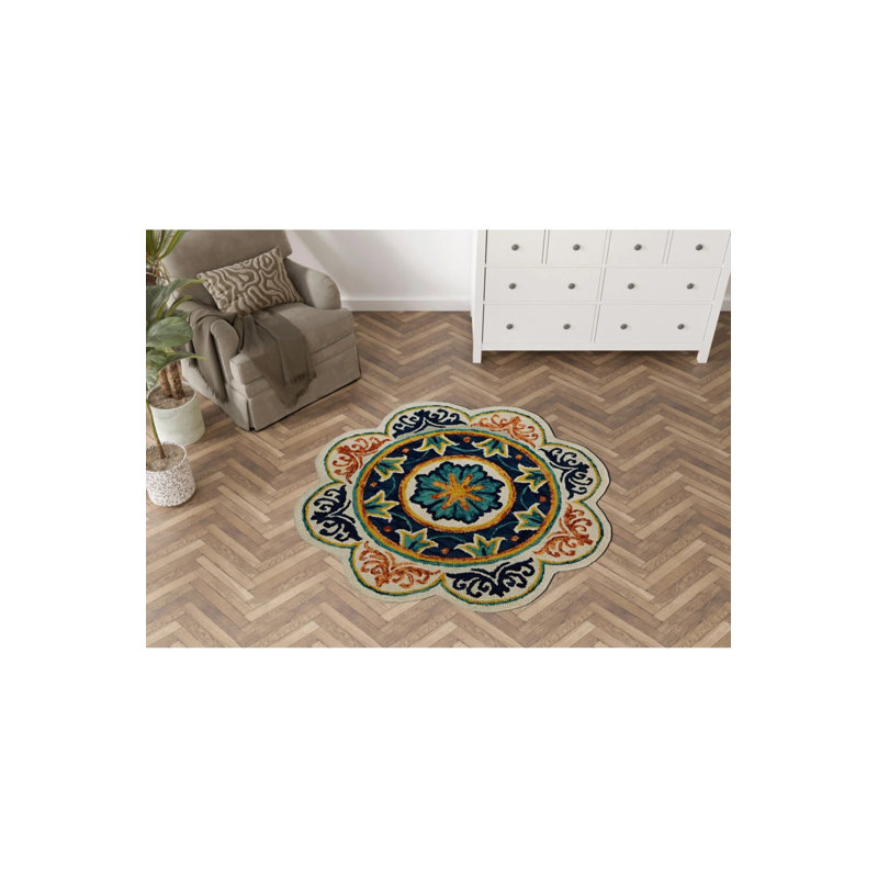 Navy Blue Themed Multicolored Motif Floral Patterned Woven Base Round Decorative Carpet, Novelty 4' x 5'