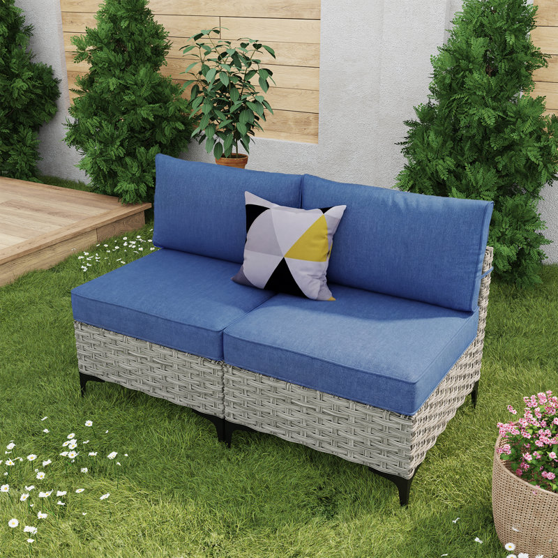 Emroy Wicker/Rattan 2 - Person Seating Group With Cushions, Denim Blue