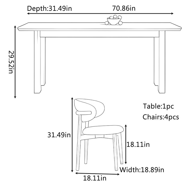 Ensemble de table et de chaises haut de gamme, H 29,52 po x L 70,86 po x l 31,49 po