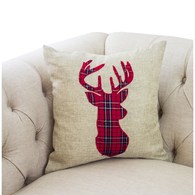 Plaid Deer Embroidered Christmas Throw Pillow 17"x17"