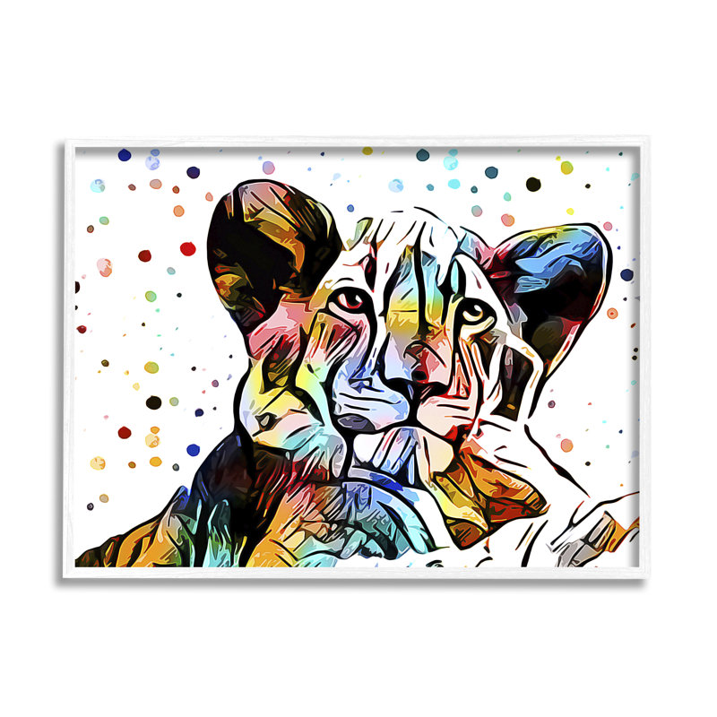 Abstrait lion lion, art mural à pois par Ashley Aldridge, H 24 po x l 30 po, Giclée encadrée blanc bord de mer
