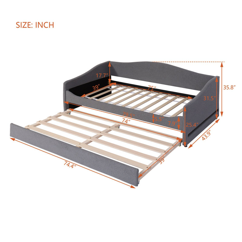 Gray Upholstered Twin Daybed with Drawer and Slats