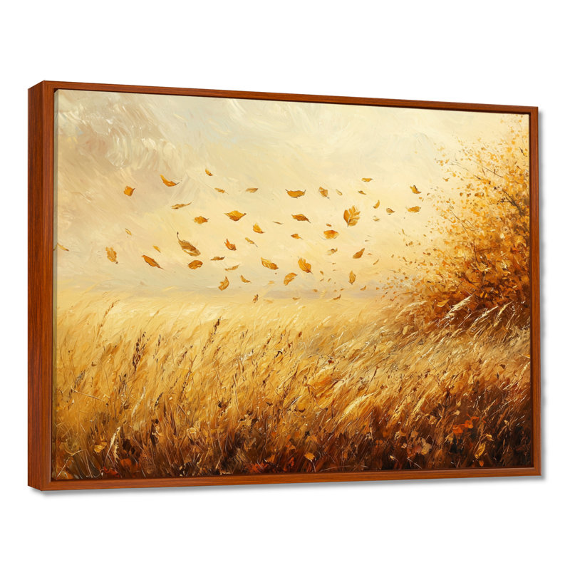 Autumn Windy Prairie Leaves II - feuilles, art mural, Brun, H 16 po x l 32 po, Floater Framed
