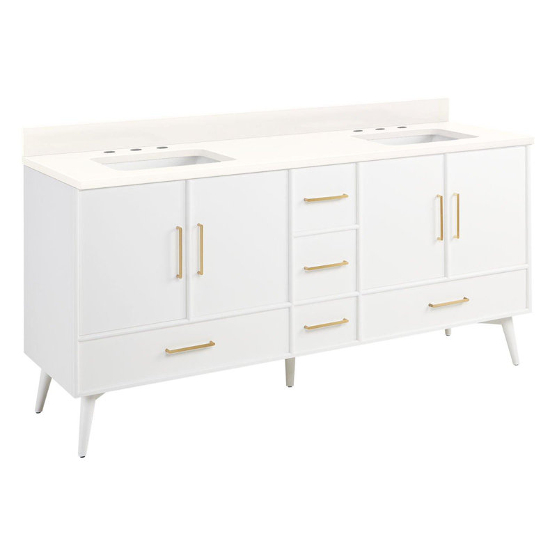 72" Novak Double Bathroom Vanity Set with Rectangular Undermount Sinks, 8" Widespread, Arctic White Quartz, White