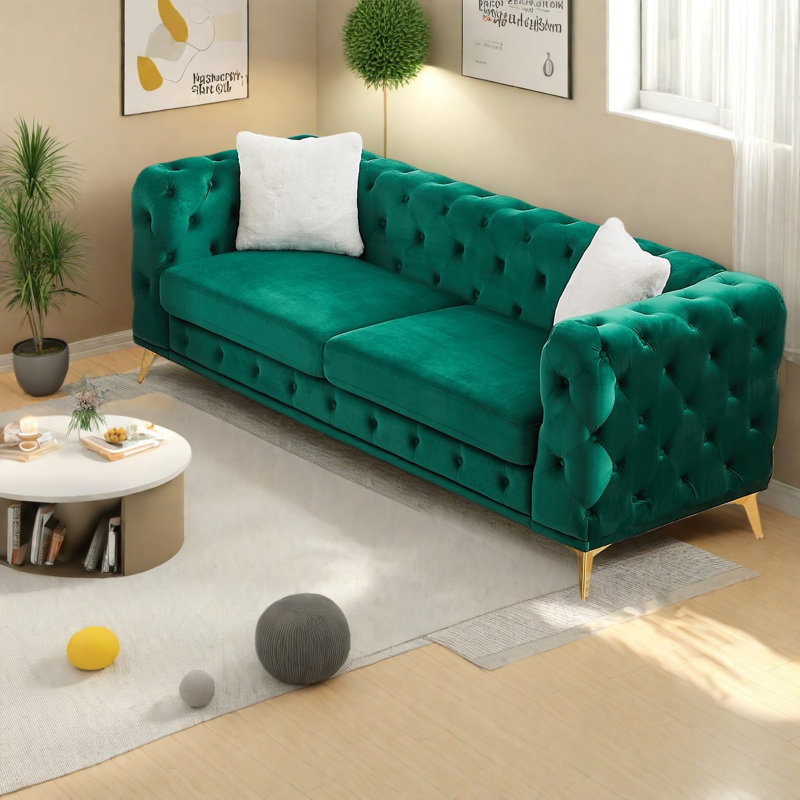 Canapés à compression, velours vert 82,5 pouces Chesterfield Modern Home