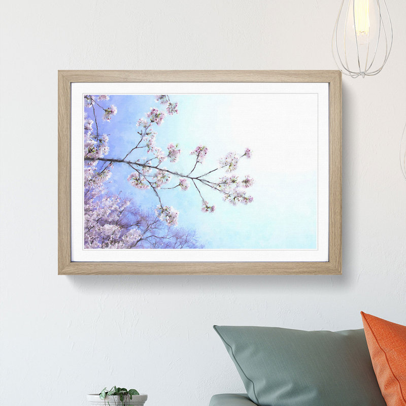 Pink Cherry Blossom Tree In Sunlight - Single Picture Frame Print on MDF, Oak, 45cm H x 63cm W x 2cm D