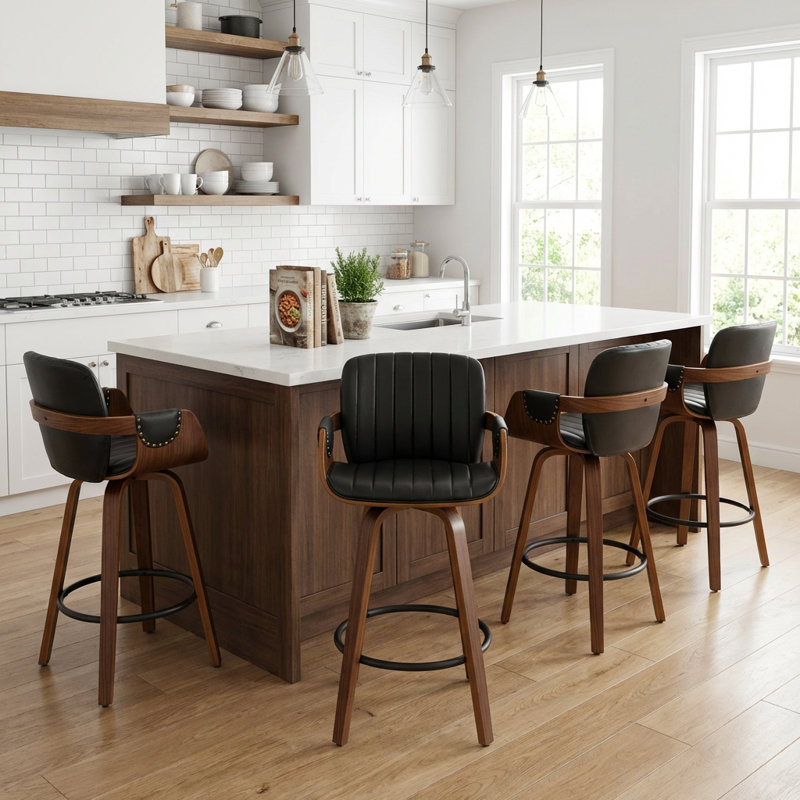 Youngstown Upholstered Swivel Counter Stool With Wood Frame, Black
