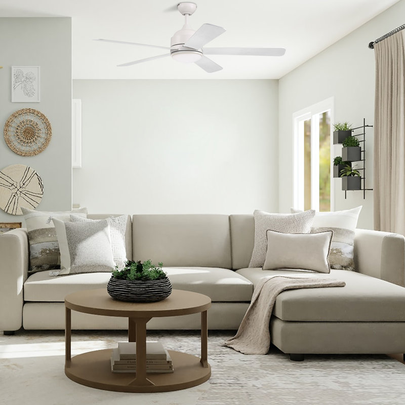 Ventilateur de plafond standard à 5 pales de 52 po avec commande murale et ensemble d'éclairage DEL inclus Soran, Blanc