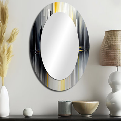 Abstract Geometric Black And Yellow II - Large Oval Wall Mirror On Metal
