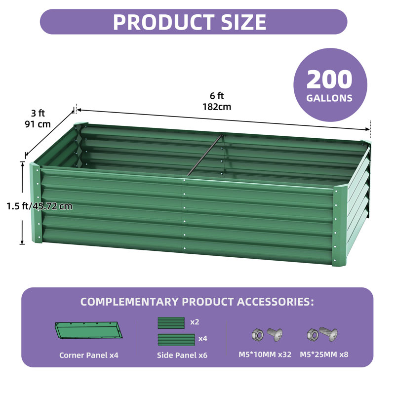 Lit de jardin surélevé pour l'extérieur en métal avec gants Seiter 6X3x1.5ft, vert, Vert, H 18 po x l 72 po x P 36 po