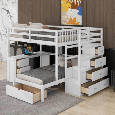 Lit superposé double au-dessus de simple avec bureau, tiroirs et tablettes
