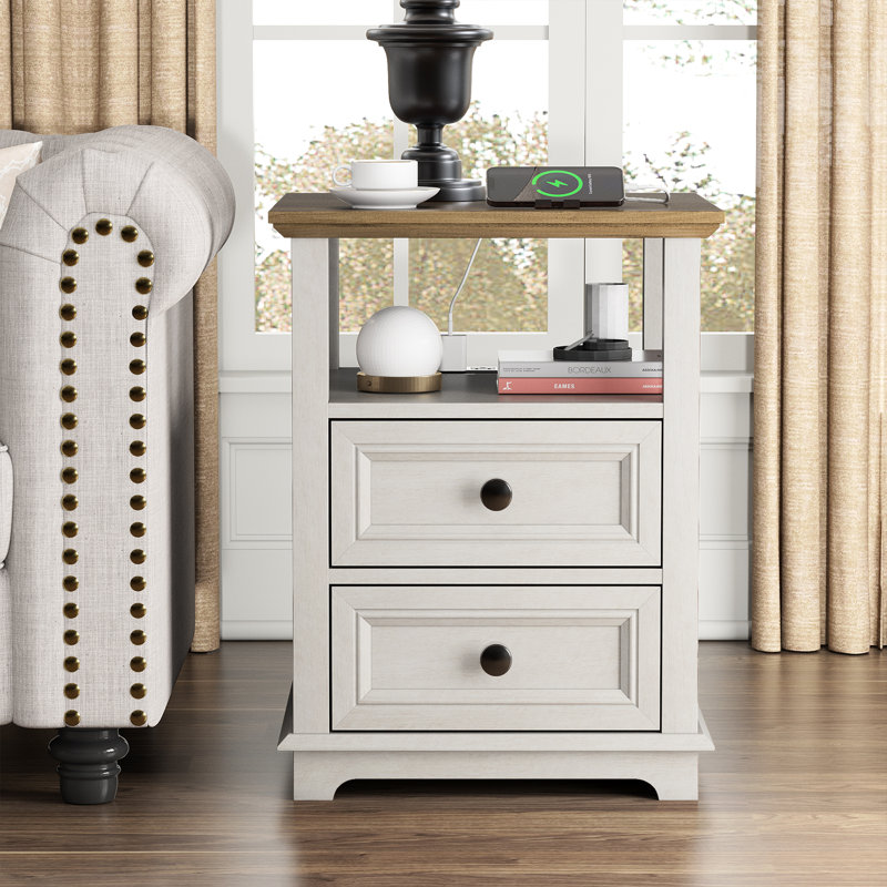 Bijal 2 - Drawer End Table and Built-In Outlets, Brown/White