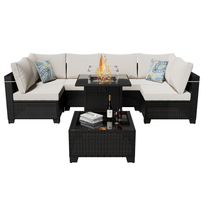 8 Pieces Patio Furniture Set With Fire Pit Table, Includes Splashproof Anti-Slip Cushions - Perfect For Outdoor, Deck, Garden, Poolside