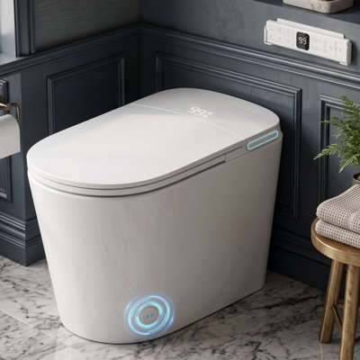 Toilette intelligente avec bidet, couvercle à ouverture / fermeture automatique, toilette monobloc à chasse d'eau automatique, bouclier en mousse, protection UV-C, fonction d'arôme intégrée, siège chauffant, lavage à l'eau chaude et séchoir à air, hauteur confort ADA, télécommande