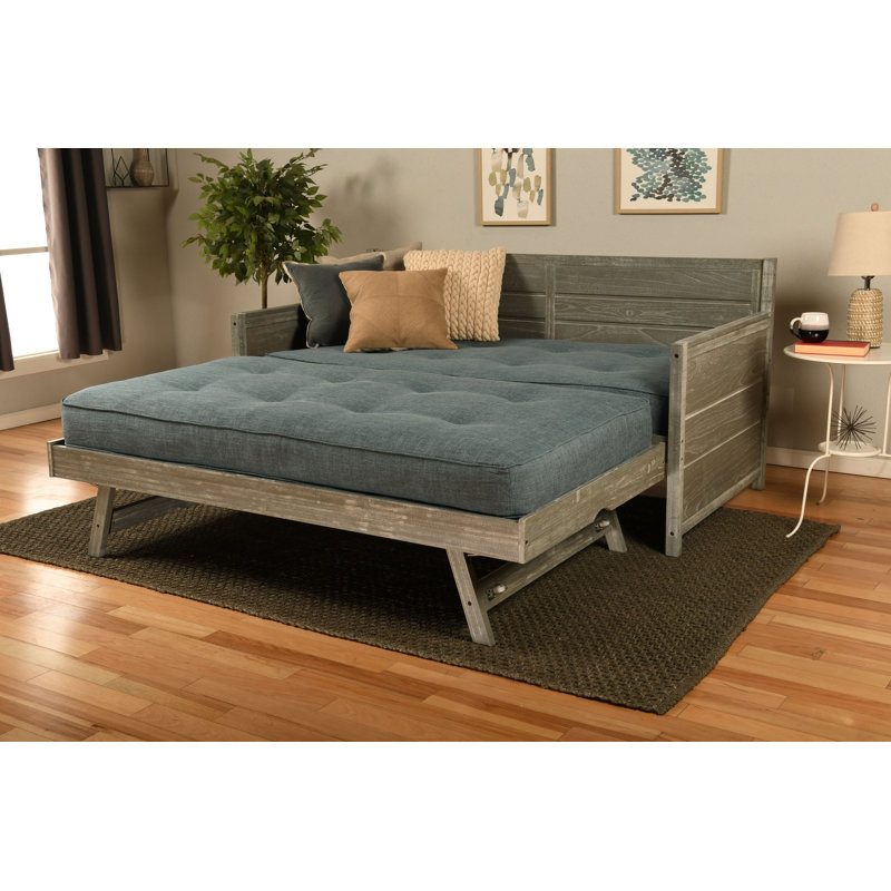 Braunste Twin MDF Wood Daybed with Trundle(Mattresses Included), Weathered Gray, Linen Aqua