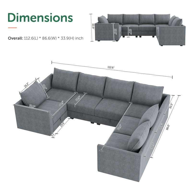 U-Shaped Corner Modular Upholstered Sectional Sofa with Storage Seat, Bluish Gray Polyester