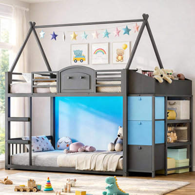 Kids House-Shaped Low Loft Bed with Bookshelf, 3 Drawers & Storage Boxes | Twin Bunk Bed for Small Spaces