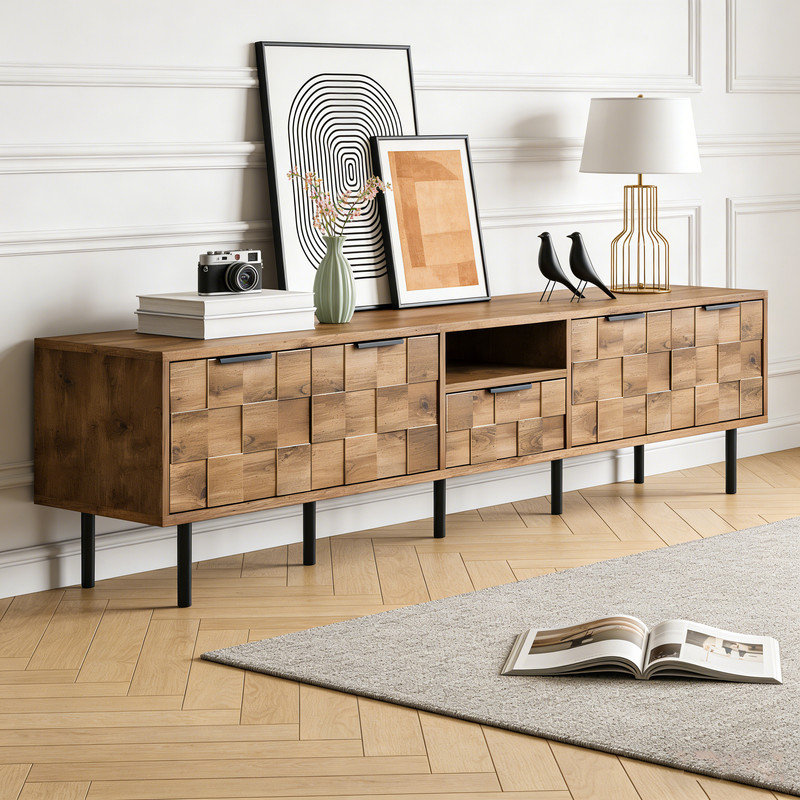Meuble télé 78 po à damier pour téléviseur de 85 po ou moins, console média avec portes et tiroir à fermeture en douceur, centre de divertissement en bois
