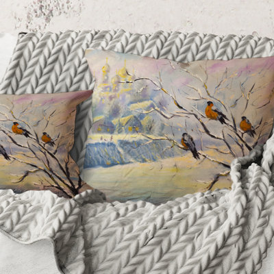 Carré, oiseaux rustiques sur un arbre dans un village d'hiver - Coussin Farmhouse