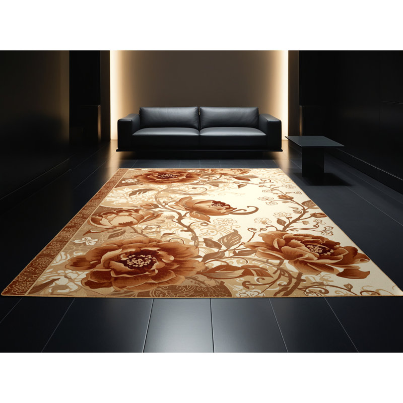 Tapis oriental brun lavable à la machine Pauleta - reliure brun clair, 8 pieds carrés