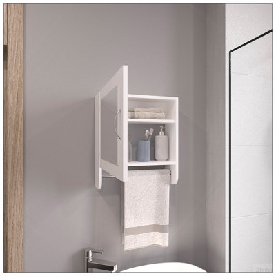 BOTIQ 19.7" H X 17.7" W Mirror Medicine Cabinet With Towel Rack White, One Door With Two Interior Shelves For Bathroom, Kitchen White
