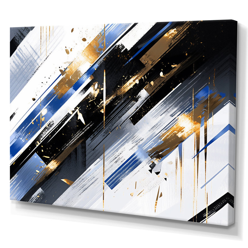 Abstrait symétrique bleu et or - impression, H 30 po x l 40 po x P 1,5 po, Toile tendue