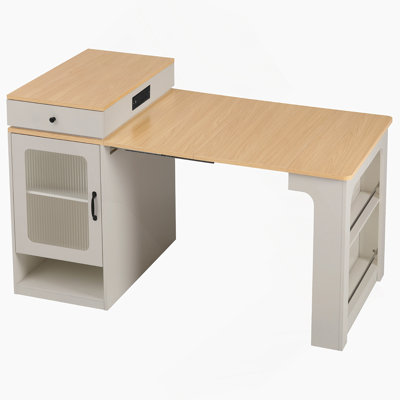 59.5" Kitchen Island With Extendable Dining Table, Kitchen Storage Table With Double-Sided Storage, Kitchen Island With 2 Drawers, Power Outlet, Side