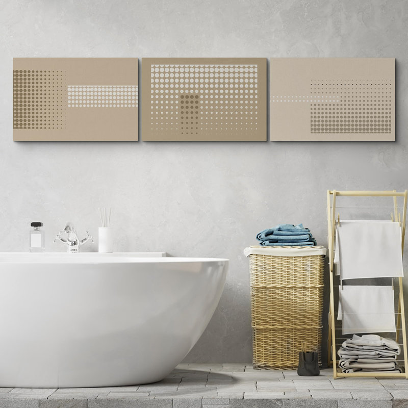Geometric Line " Modern Beige And Tan Dot Gradient Abstract Geometric " 3 - Pieces, 24" H x 36" W, Wrapped Canvas