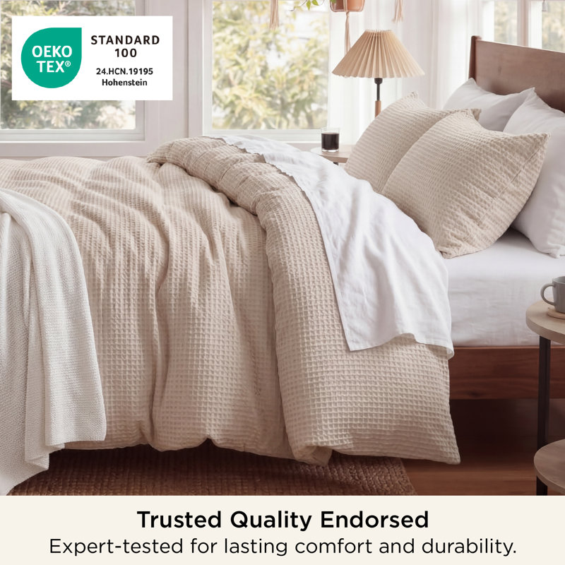 Essential Collection 100% Cotton Waffle Weave Duvet Cover Set, Beige, King Duvet Cover + 2 King Shams