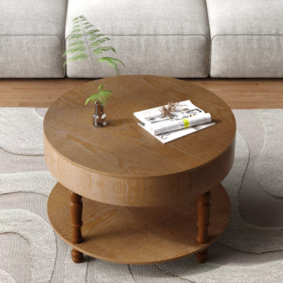 Living Room Coffee Table, 31.5" Round Design, Dual - Tier Storage, Hidden Compartment, H Base, Adjustable Feet, 10 Minute Install, Lacquered Walnut Table For Primary Space, Storage Solution, Flip Top