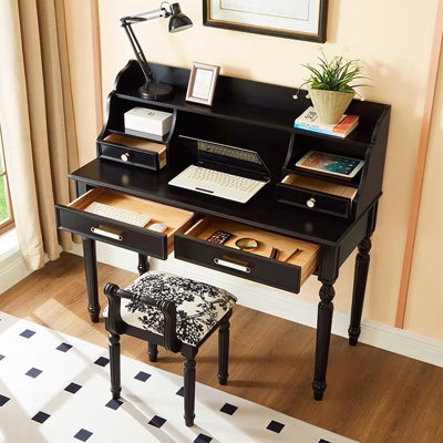 Black Rectangular Solid Wood Executive Desk with drawers desk