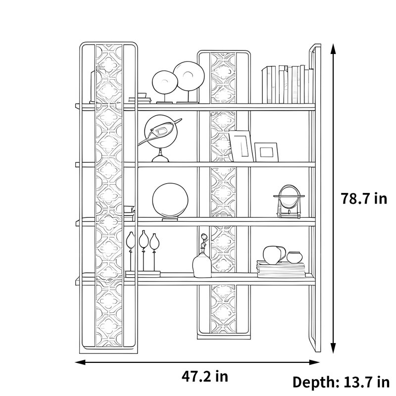 Luxurious and fashionable bookcase, (4 Shelves) 78.7"H x 47.2"W x 13.7"D, Black