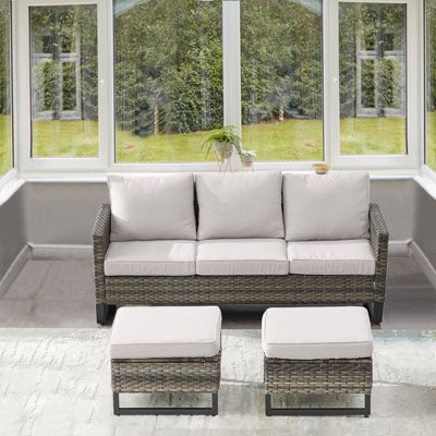 Ingvald 74" Wide Outdoor Wicker Sofa Patio Couch with Ottoman