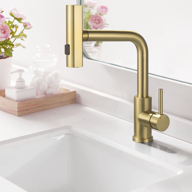 Robinet de salle de bain pivotant à 360 ° en acier inoxydable 11,7 po avec douchette extractible 3 fonctions, Or brossé