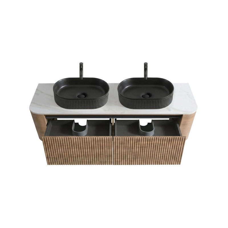 Meuble-lavabo double en céramique, Chêne miel, L 60 po
