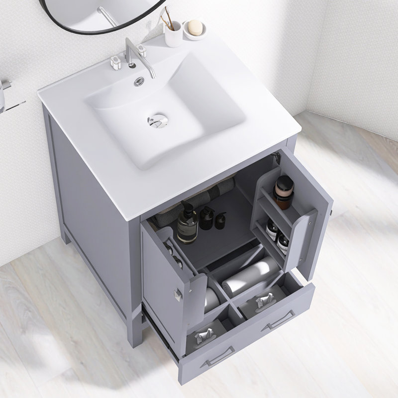 24 pouces  Meuble-lavabo gris avec lavabo en céramique | Armoire de rangement avec 2 portes et 1 tiroir | Conception à fermeture en douceur | Armoire de salle de bain avec rangement spacieux | Tablette de porte à double couche