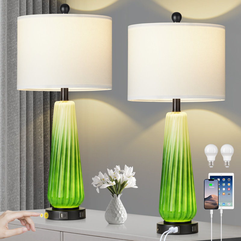 Table Lamps Nightlight 2in1 Glass Green Ripple Style with Rotary Switch Touch Switch(Set of 2), Vert