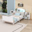 Lit plateforme simple en métal avec bande à DEL, tête de lit tapissier et tablettes de rangement escamotables-741662449