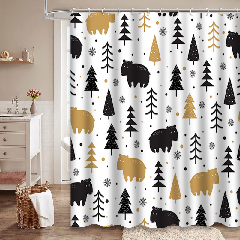 Rideau de douche Â« ForÃªt, montagnes et ours Â» (or, noir et blanc) avec 12 crochets, L 72 po x l 72 po