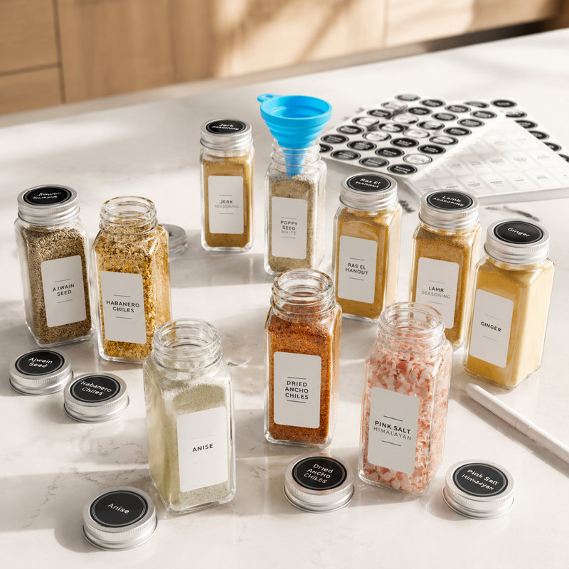 24-Piece 4oz Empty Glass Spice Jars Set, Minimalist Farmhouse Spice Label Stickers with Funnel, Seasoning Containers for Spice Rack, Cabinet and Drawer